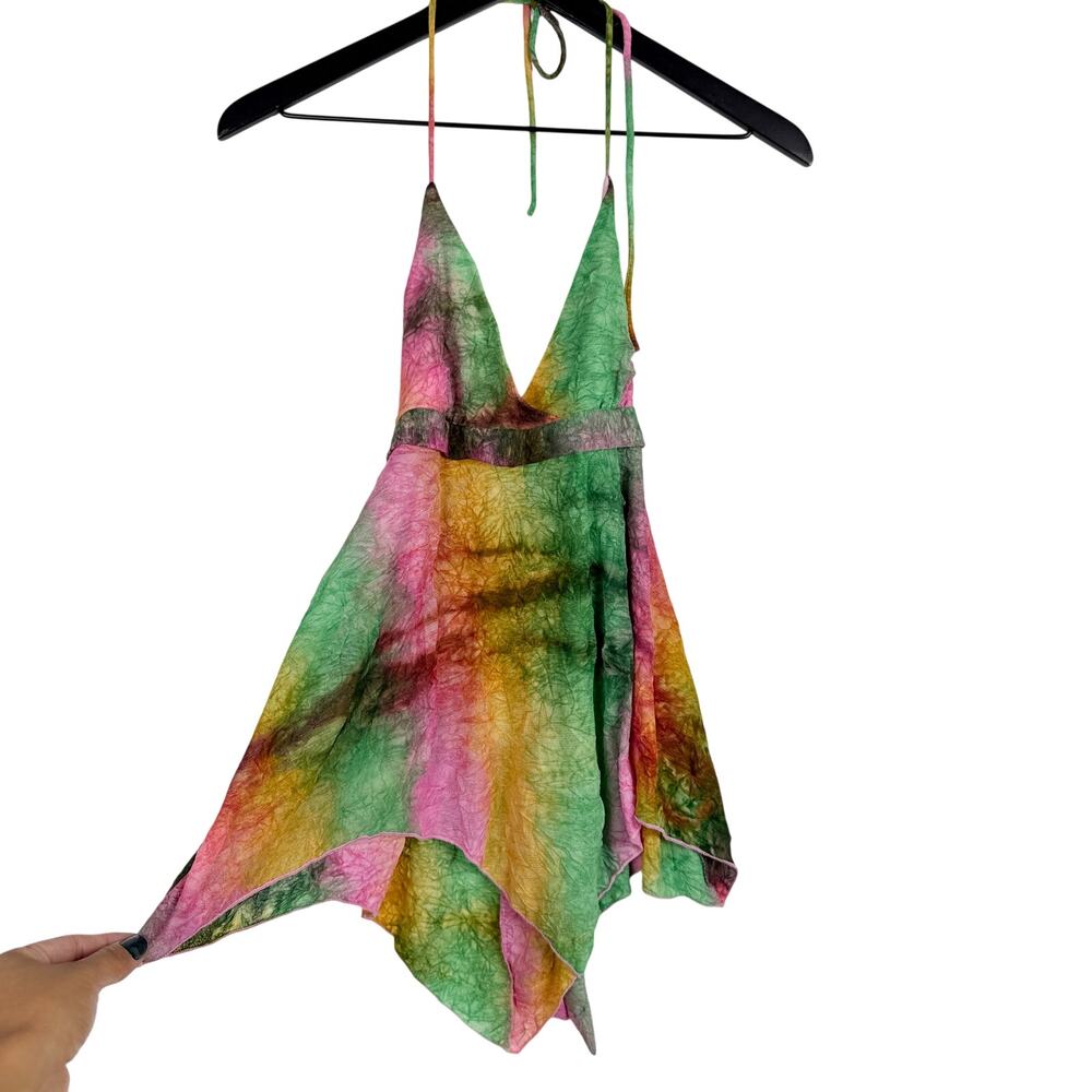 Y2K Touch 9 Tie Dye Halter Mesh Tank Top Tie Back Asymmetrical Green Pink - XS